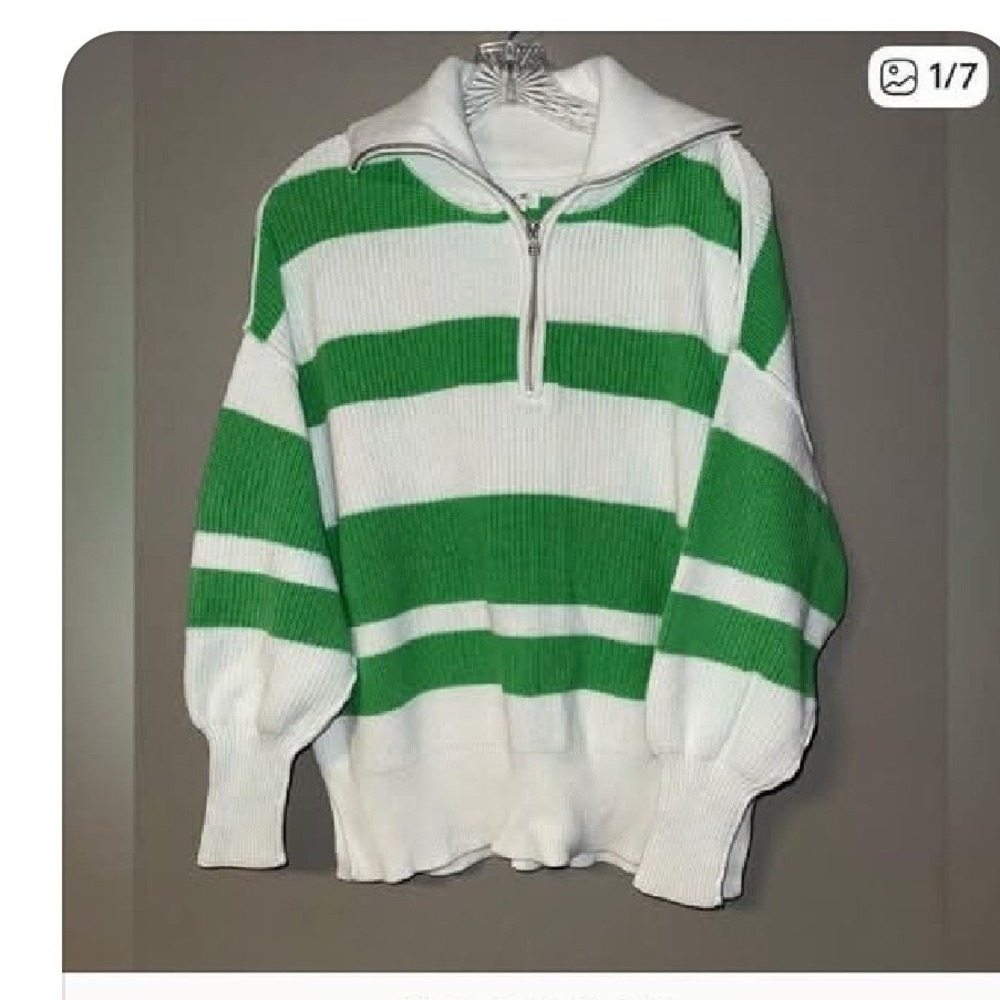 Arie Green White Striped Zip Pullover Sweater Oversized Knit Top XS-runs‎ Large